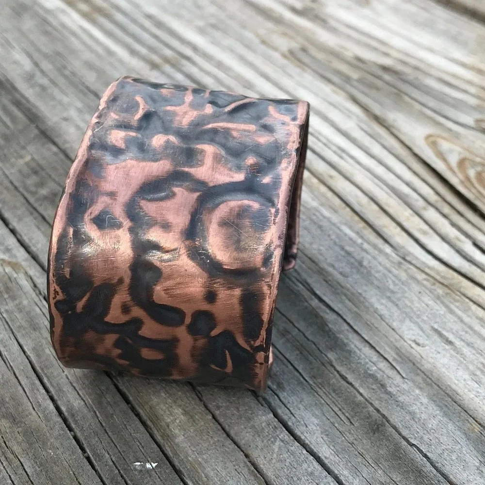 Solid Copper Floral Cuff Bracelet Wide Rustic Handmade Industrial Warrior